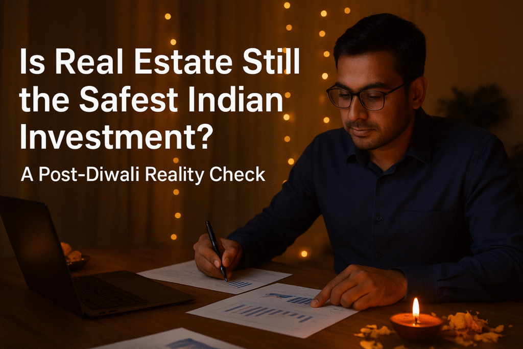 Is Real Estate Still the Safest Indian Investment. A professional Indian investor reviewing real estate investment plans under warm Diwali lights, symbolizing post-festival financial reflection.