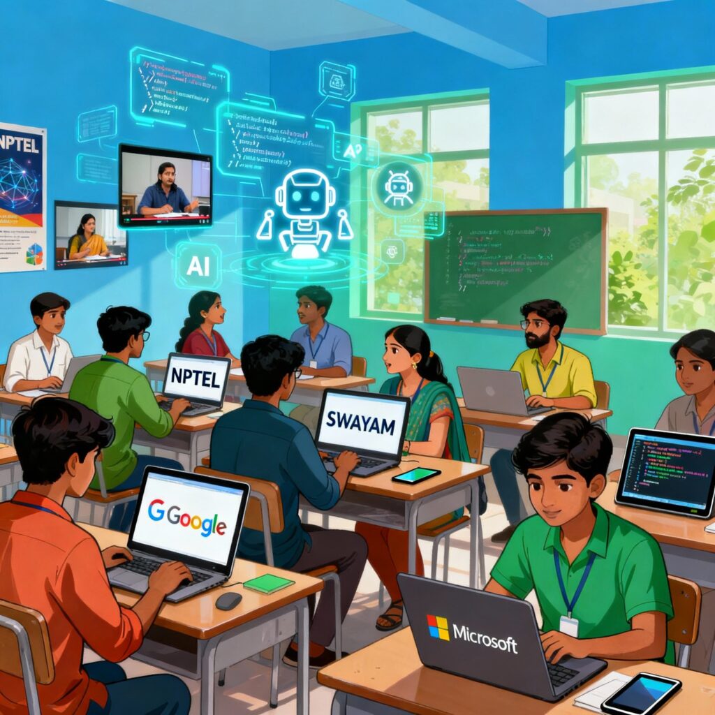 Students exploring free AI courses in India through online learning platforms like NPTEL, SWAYAM, Google, and Microsoft.