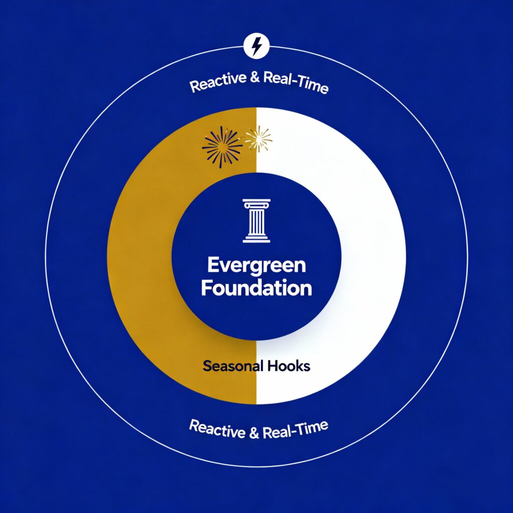 Visual model of the three-tier content roadmap system: Evergreen, Seasonal Hooks, and Reactive Content Strategy.