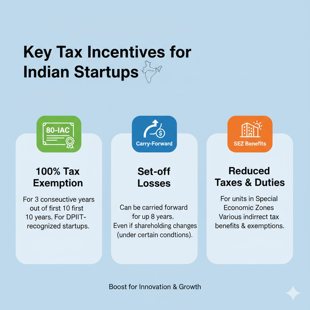Infographic of three key tax incentives for Indian startups: 80-IAC, loss carry-forward, and SEZ benefits.