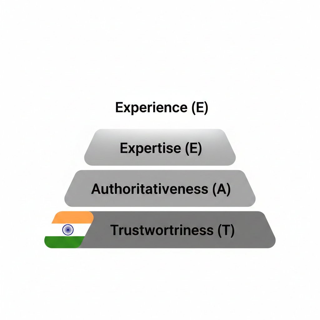 The Google Helpful Content Update 2025. E-E-A-T framework visualization for SEO, showing Experience, Expertise, Authoritativeness, and Trustworthiness as the pillars of content success.